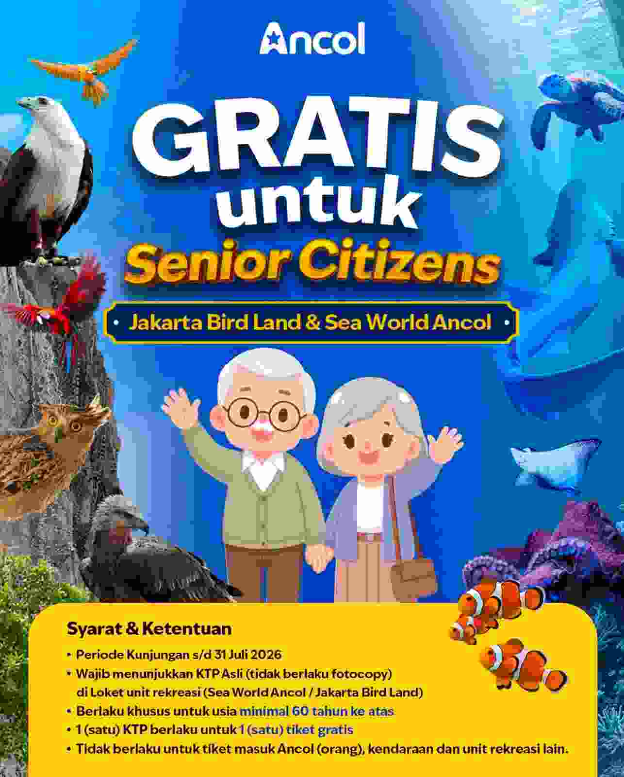 Ancol Gratiskan Tiket Masuk Sea World dan Jakarta Bird Land untuk Lansia hingga 31 Juli 2026