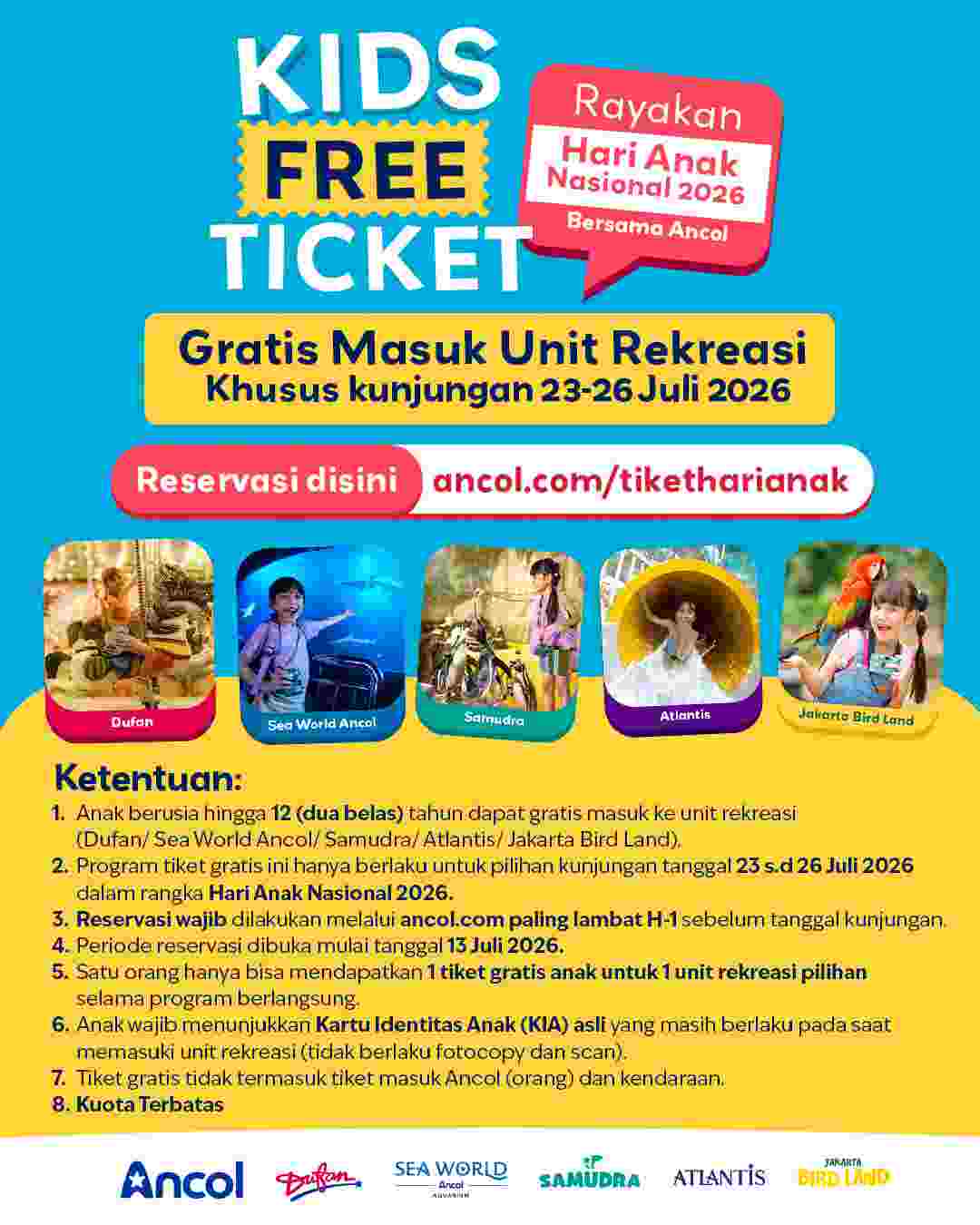 Rayakan Hari Anak Nasional 2026, Ancol Berikan Tiket Gratis untuk Anak ke Lima Unit Rekreasi